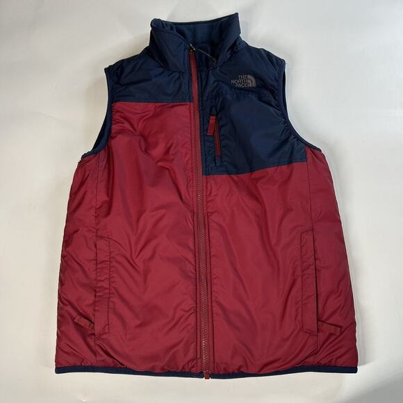 The North Face Boys Reversible Vest Red Navy Large 14/16 Nylon Fleece Pockets - Picture 1 of 11